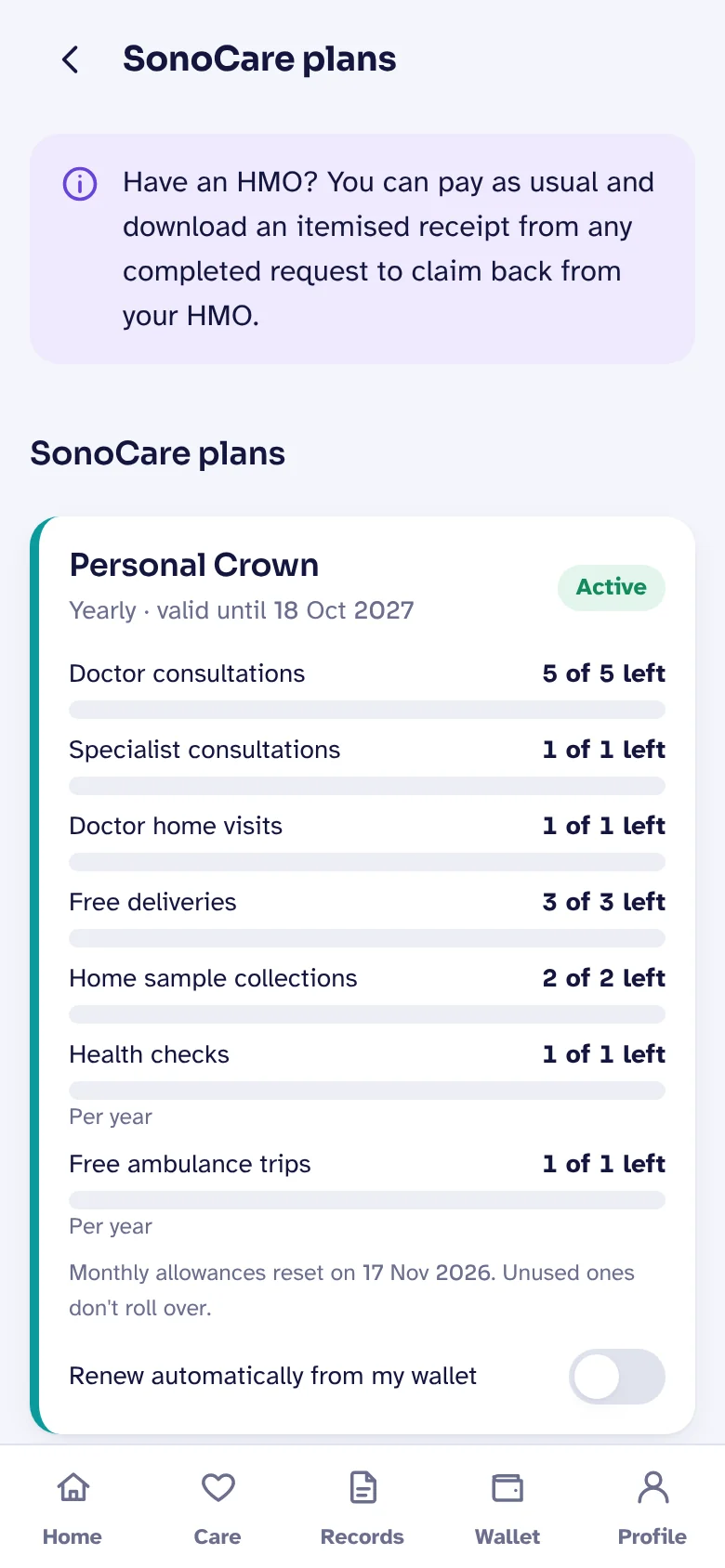 A SonoCare health plan with its monthly allowances