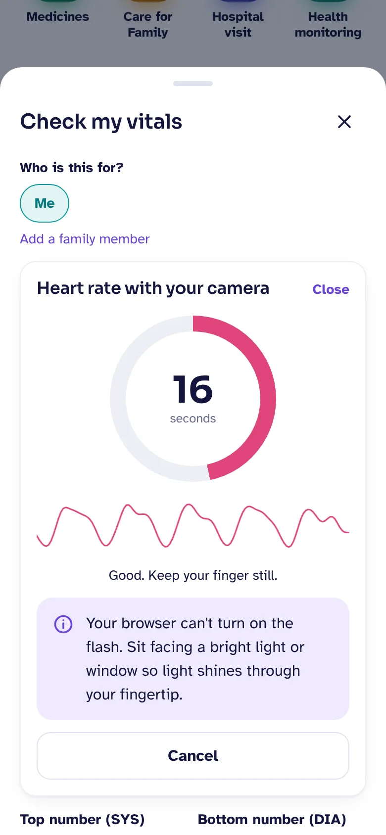 The SonoCare app showing a heart rate reading taken with the phone camera